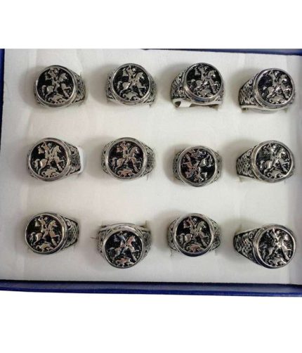 SILVER STAINLESS STEEL RING SAINT JORGE WITH BLACK BACKGROUND – Set of 12