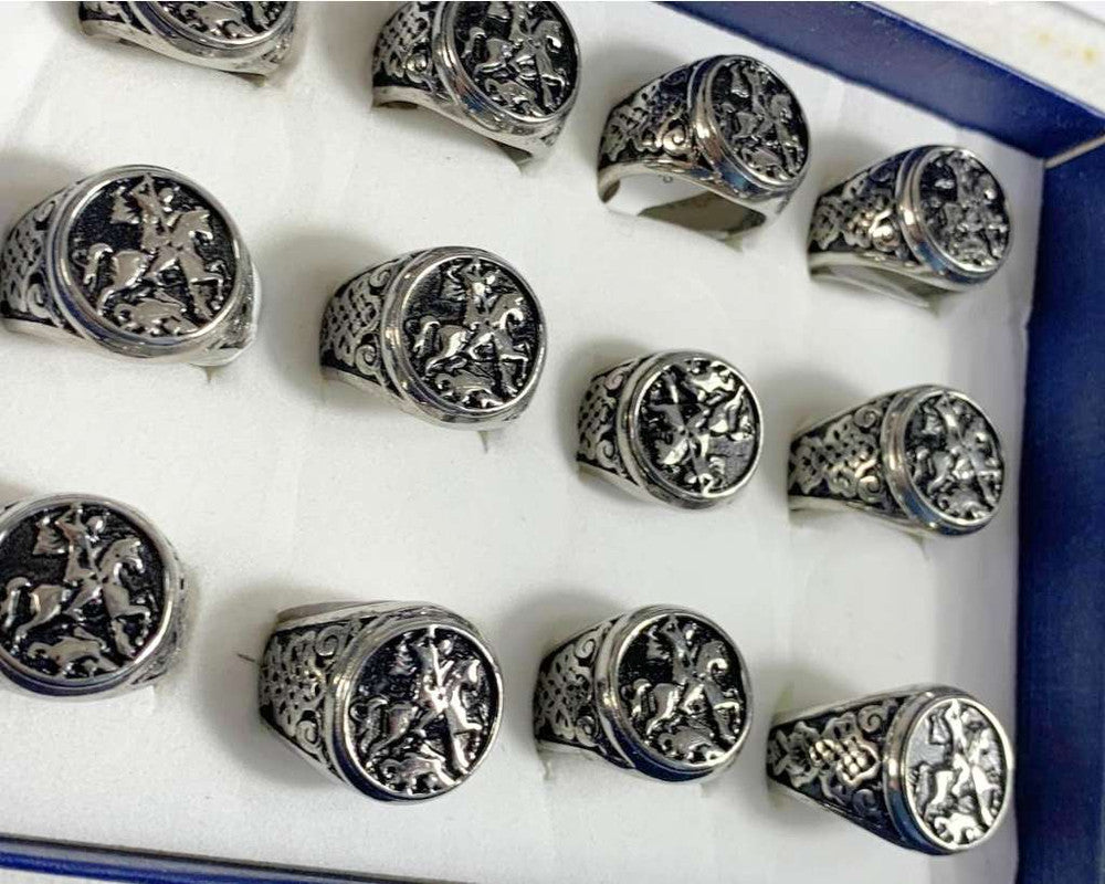 SILVER STAINLESS STEEL RING SAINT JORGE WITH BLACK BACKGROUND – Set of 12