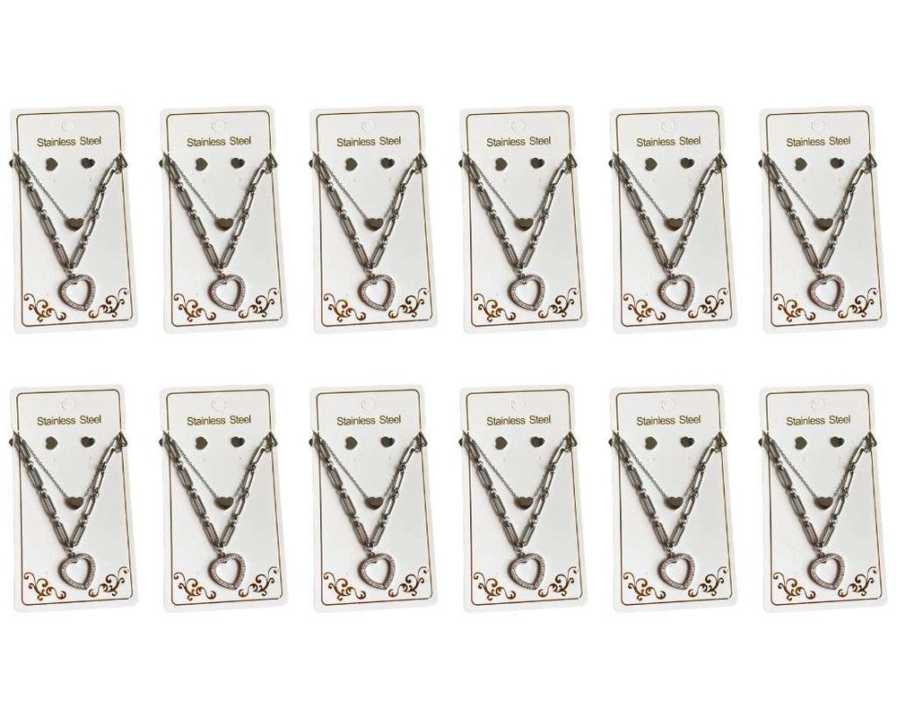 SET SILVER EARRINGS HEART AND NECKLACE HEART STUDDED- Set of 12