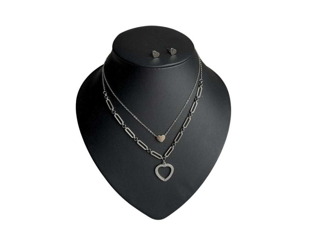 SET SILVER EARRINGS HEART AND NECKLACE HEART STUDDED- Set of 12