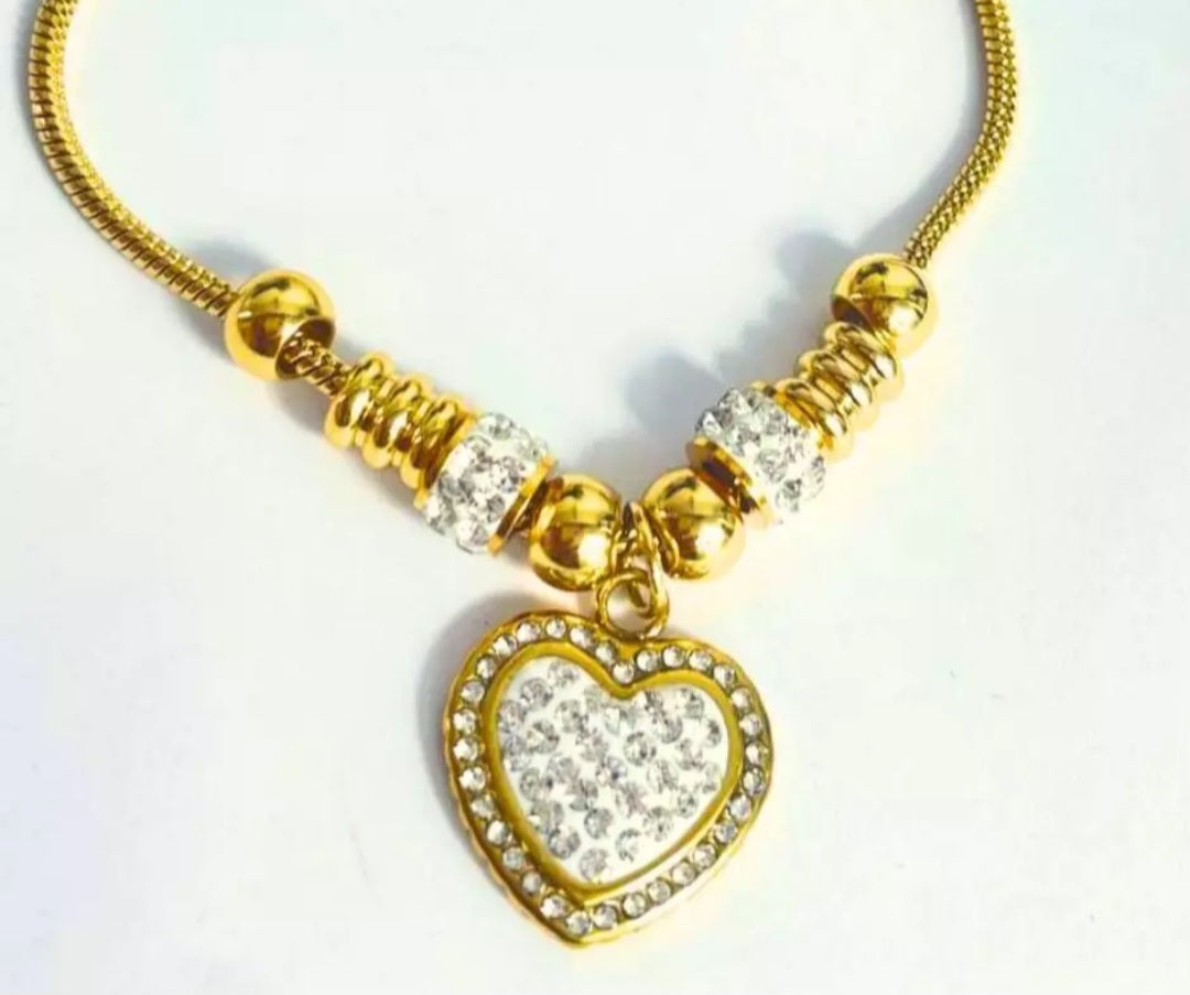 STAINLESS STEEL BRACELET CHARM W/ RHINESTONES HEART PENDANT - Set of 12