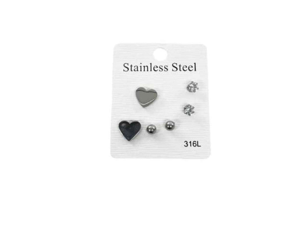 SILVER STAINLESS STEEL EARRINGS LITTLE HEART ZIRCONIA STONE-Set of 120