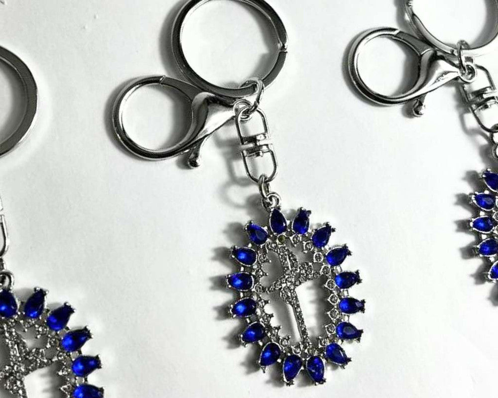 SILVER STAINLESS STEEL KEYCHAIN (FAITH/ FE)WITH BLUE ROCKS- Set of 12