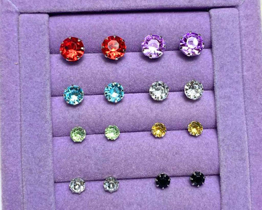 EARRINGS WITH COLORFUL ZIRCONIA STONE LOT A SIZES – 10 PACKS WITH 36 PAIRS EACH