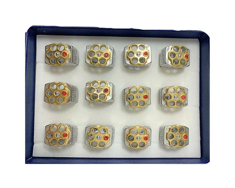 STAINLESS STEEL FLOWER RING WITH RUSSIAN RED RHINESTONES Set of 12