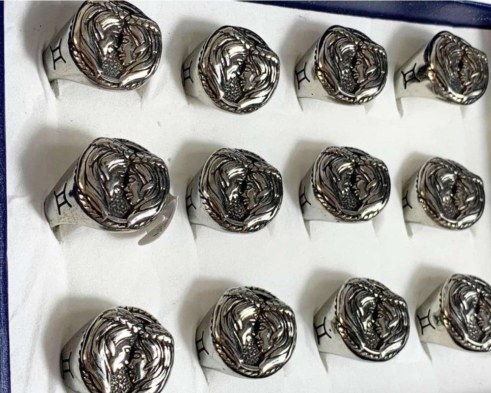 SILVER STAINLESS STEEL RING SIGN OF GEMINI – Set of 12