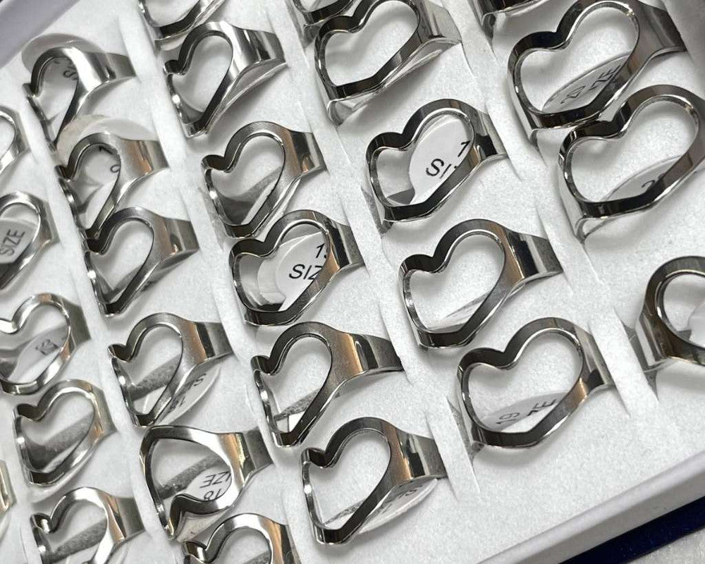 SILVER STAINLESS STEEL RING LARGE HEART- Set of 36