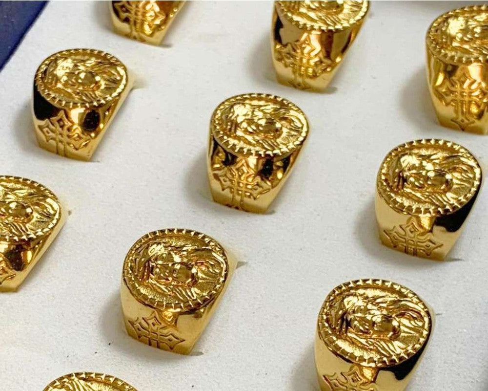 GOLDEN STAINLESS STEEL JESUS OVAL RING-Set of 12