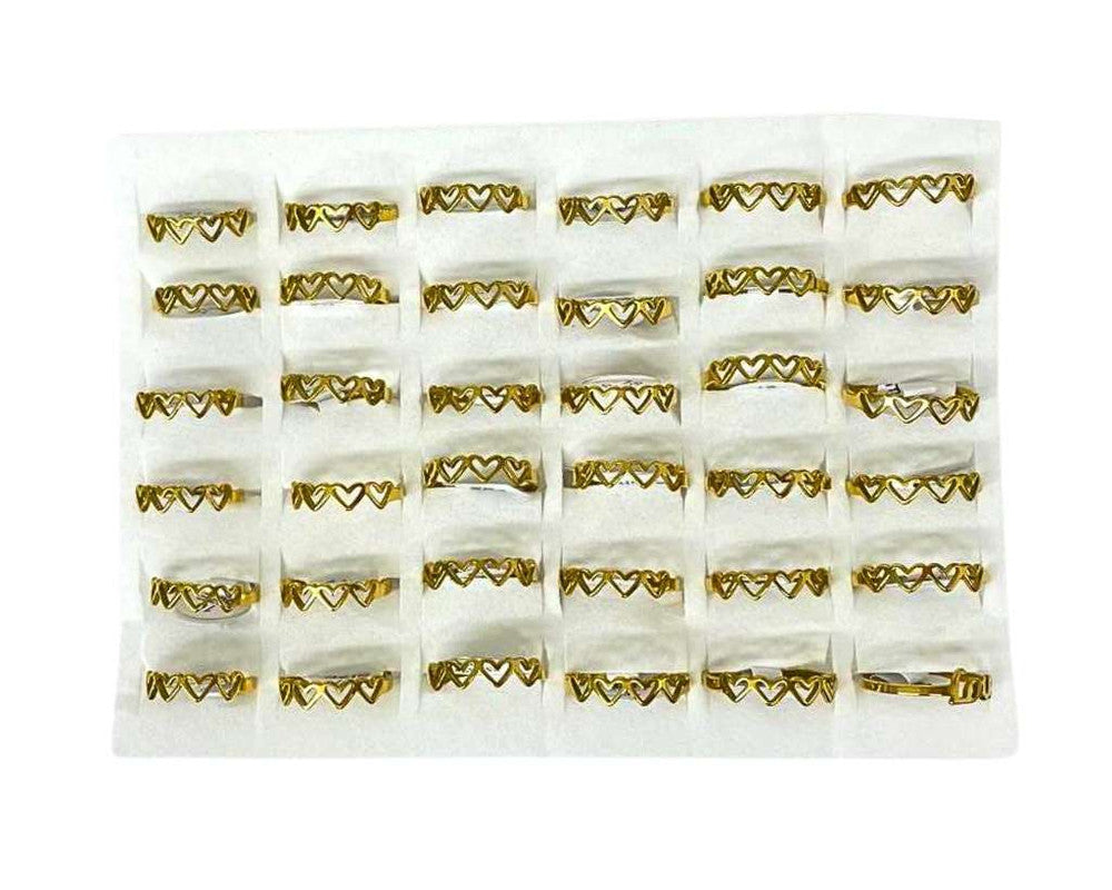 GOLDEN STAINLESS STEEL RING HEART- Set of 36